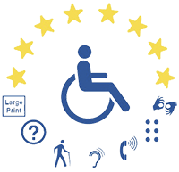 Wheelchair User sitting under a semicircle of 8 gold star with 7 disability icons below them.